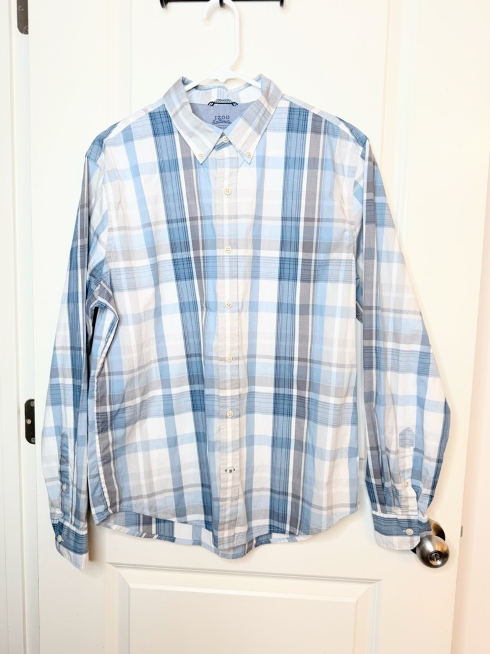 IZOD Saltwater Men’s Large Slim Fit Plaid Button Down Shirt Blue Gray Cotton